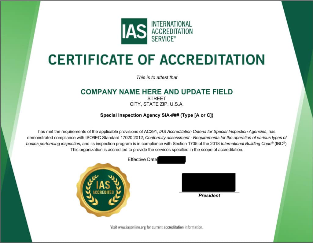 IAS Special Inspection Agency Certificate of Accreditation