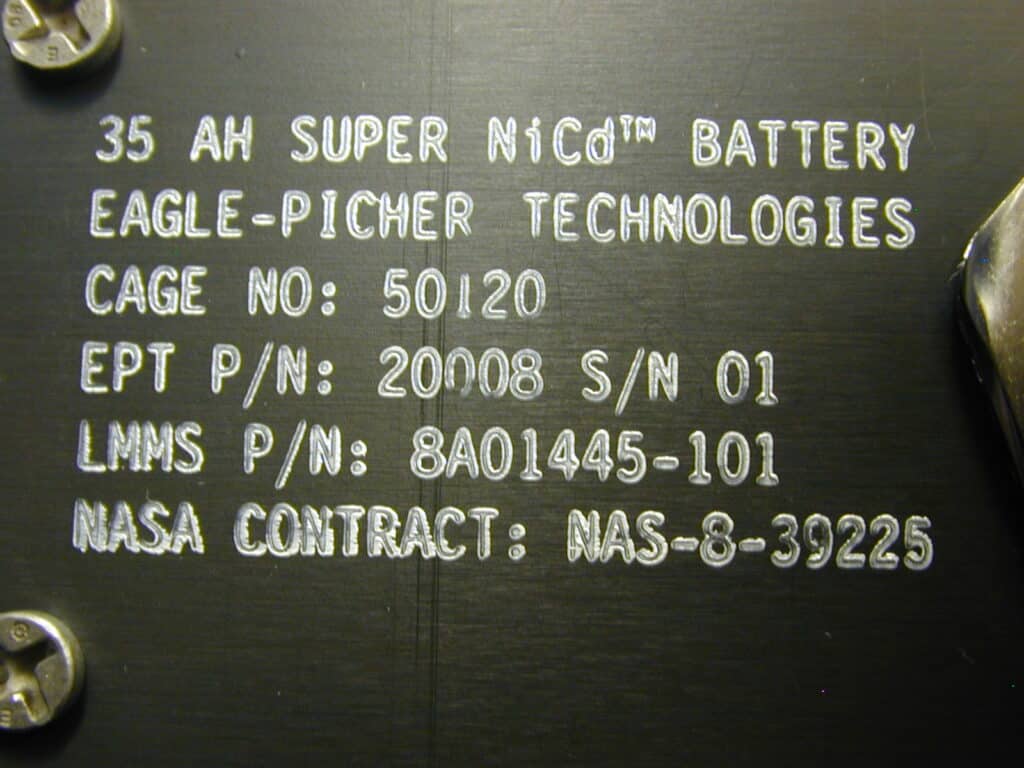 Relativity Mission Battery Marking SN 01 CAGE 50120 Eagle-Picher Technologies
35 AH Super NiCd(tm) Battery
LMMS P/N: 8A01445-101
NASA Contract: NAS-8-39225