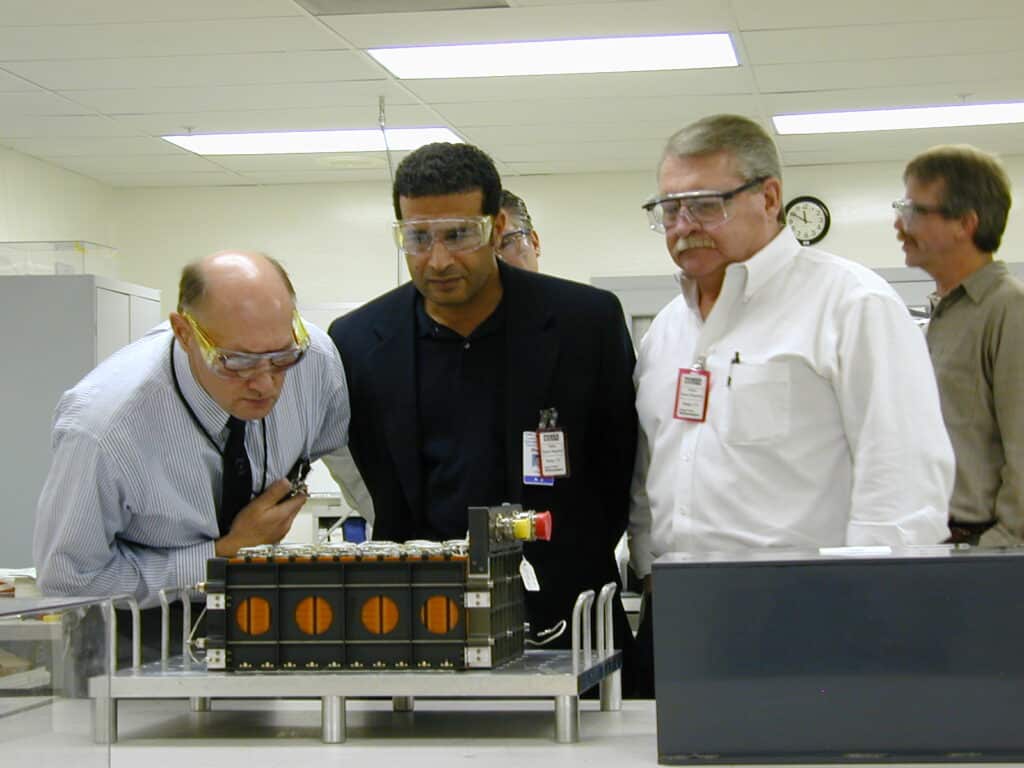 Lockheed's Shawky Shehata and Team admiring the workmanship of an Einstein Mission Battery that Powers the Gravity Probe B Spacecraft