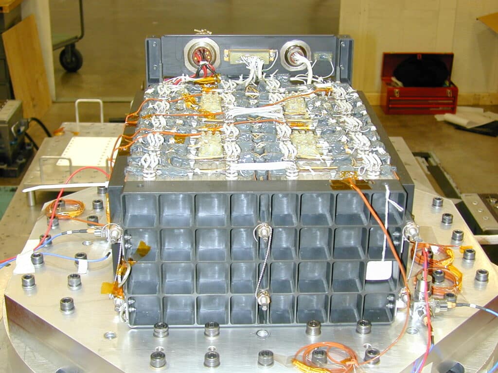 Super NiCd Spacecraft Battery - Relativity Mission - End View - Mounted to Environmental Testing Fixture - Wired with Sensors